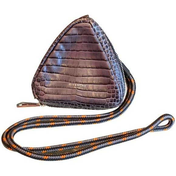 Givenchy Embossed Crocodile Ss2020 Triangle Collar Pouch Gray Leather Wristlet - Picture 1 of 11